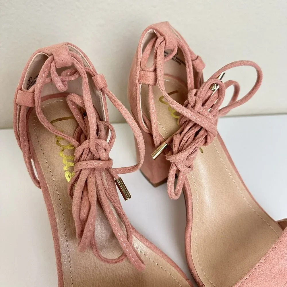 Lulu's Kaira Peach Suede Lace-Up Heels Casual Formal Prom Barbie Womens‎ Size 6